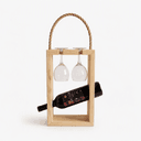 Pine Wood Wine Bottle & 2 Glass Holder | Wooden Portable Wine Carrier | Modern Wine Gift Caddy for Home & Picnic -natural