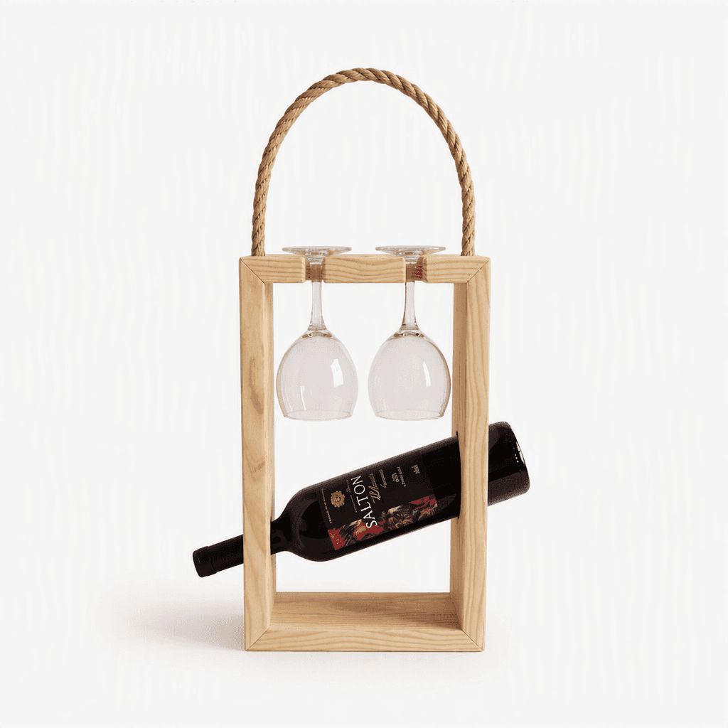Pine Wood Wine Bottle & 2 Glass Holder | Wooden Portable Wine Carrier | Modern Wine Gift Caddy for Home & Picnic -natural
