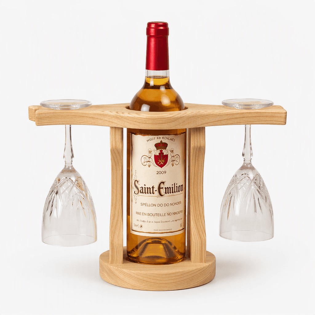 Pine Wood Wine Bottle & Glass Holder Stand | Wooden Tabletop Wine Display Rack with 2 Hanging Stemware Glass Holders-natural