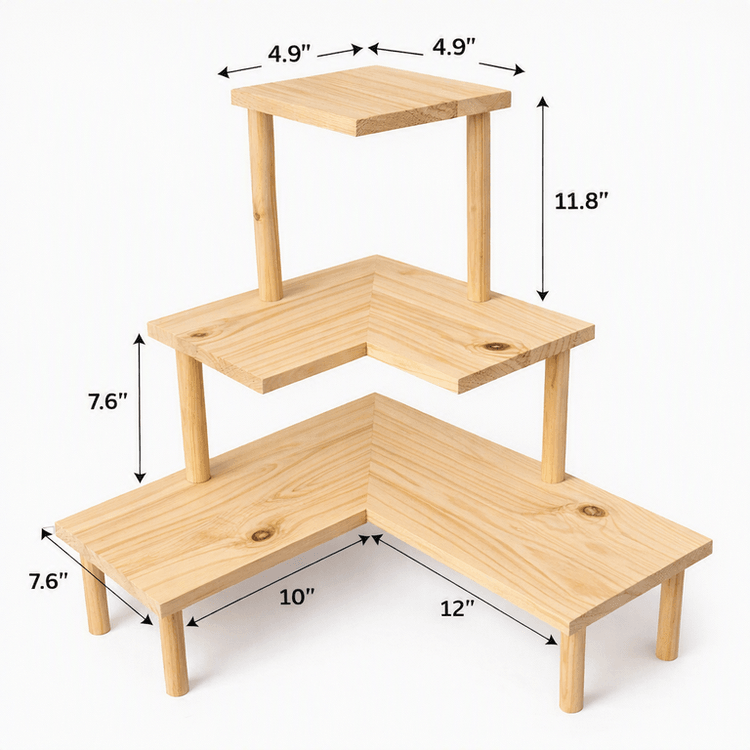 3-Tier Wooden Corner Display Stand, Pine Wood Shelf Riser for Decor & Retail-natural Dimensions