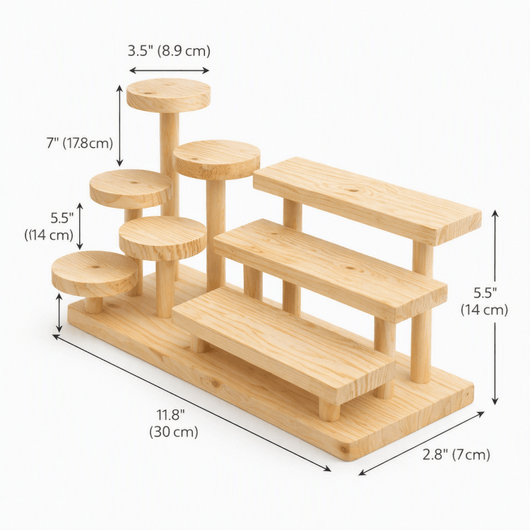 5-Tier Wooden Display Stand with 3-Tier Shelf & Round Platform Organizer-natural Dimensions