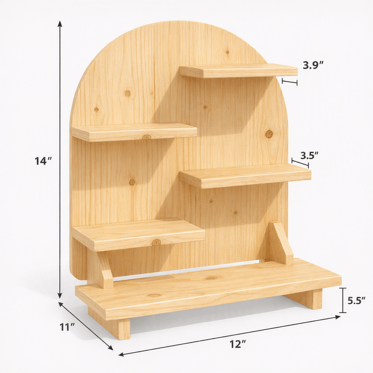 Wooden Display Stand with Arched Backboard | Shelf Riser for Home, Retail & Décor-natural-4 Dimensions