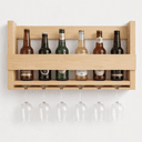 Pine Wood Wall Mounted Wine Rack With Stemware Glass Holder | Wooden Bottle Storage & Display Organizer For Home Bar–Natural