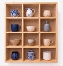 Wooden Wall Display Shelf with Jute Back Panel | 12 Compartment Mug, Cup & Collectibles Storage Organizer Rack-natural