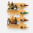 Pine Wood Wall Mounted Wine Rack With Glass Holder | Wooden Wine Bottle Storage Display Shelf For Home Bar Decor