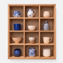 Wooden Wall Display Shelf with Jute Back Panel | 12 Compartment Mug, Cup & Collectibles Storage Organizer Rack-walnut