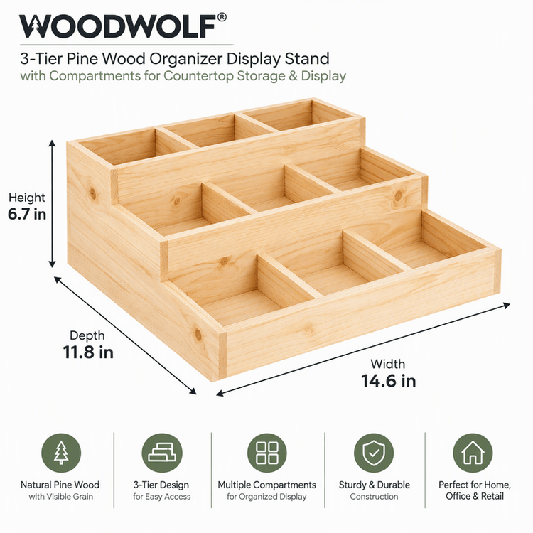 3-Tier Pine Wood Organizer Display Stand with Compartments for Countertop Storage & Display-natural Dimensions