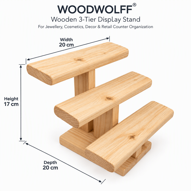 Wooden 3-Tier Display Stand Riser for Jewellery, Decor & Retail Counter Organization-natural Dimensions