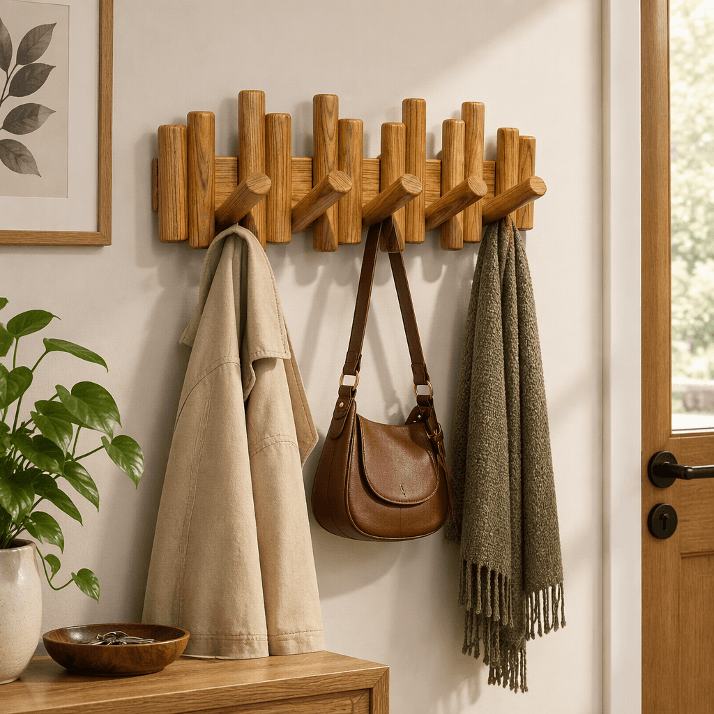 Solid Sagvan Teak Wood Wall Mounted Coat Hanger | Wooden Clothes Hook Rack with 5 Pegs for Bedroom & Bathroom-natural