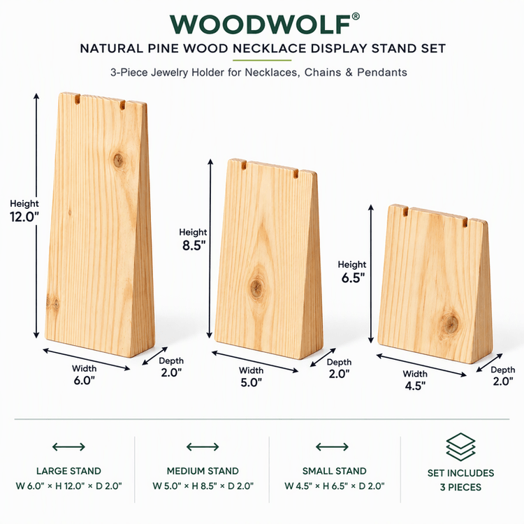 Pine Wood Necklace Display Stand Set | 3-Piece Jewelry Holder for Necklaces, Chains & Pendants-natural Dimensions