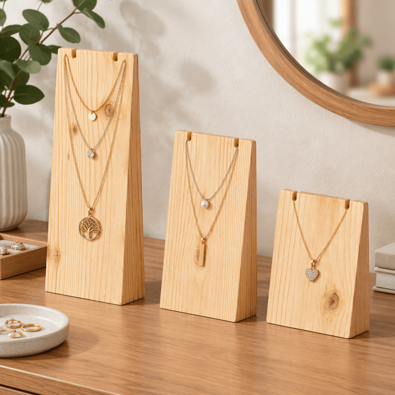 Pine Wood Necklace Display Stand Set | 3-Piece Jewellery Holder for Necklaces, Chains & Pendants-natural