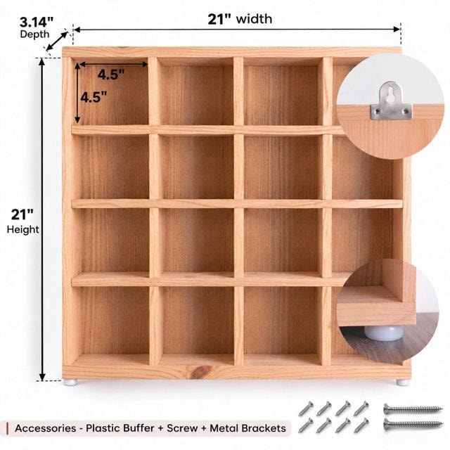 4x4 Pine Wood Mug Holder | 16 Compartment Wall Mounted Coffee Cup Storage Rack | Laminate Back Panel-natural-4.5x4.5 Inch Dimensions