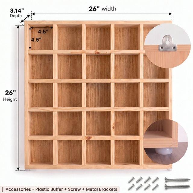 5x5 Pine Wood Mug Rack | 25 Compartment Wall Mounted Coffee Cup Storage Rack | Laminate Back Panel-natural-4.5x4.5 Inch Dimensions