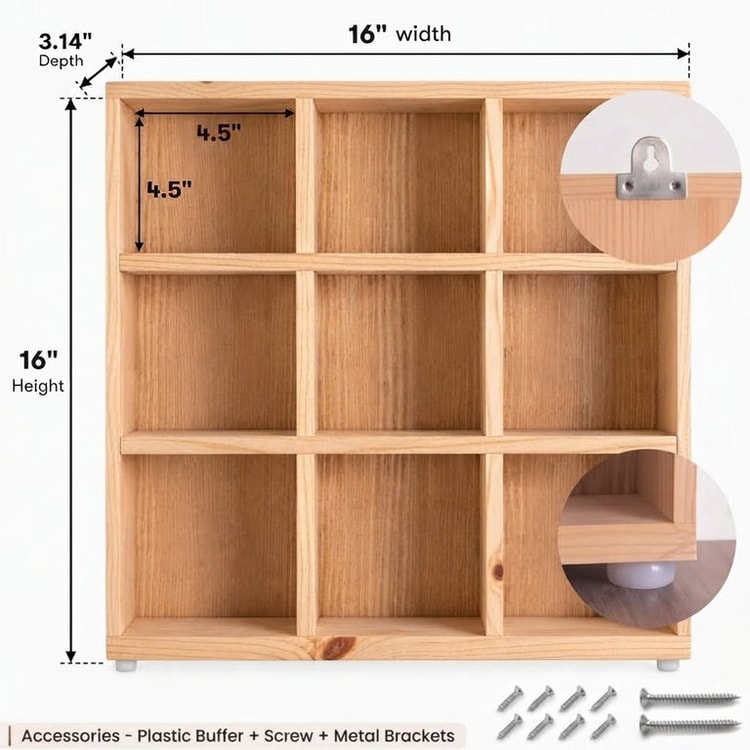 3x3 Pine Wood Mug Holder | 9 Compartment Wall Mounted Coffee Mug Rack | Laminate Back Panel-natural-4.5x4.5 Inch Dimensions