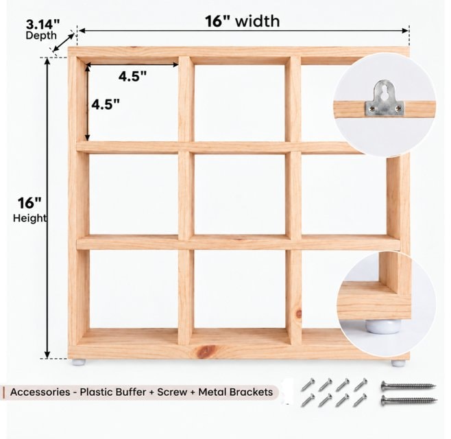 3x3 Pine Wood Mug Rack | 9 Compartment Wall Mounted Coffee Cup Storage & Display Rack-natural-4.5x4.5 Inch Dimensions