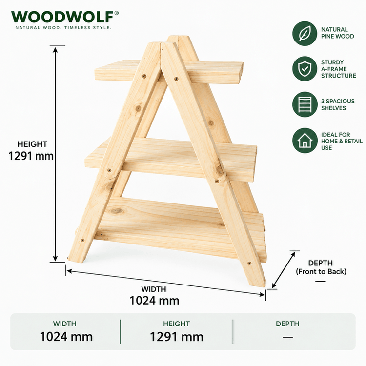 Pine Wood 3-Tier A-Frame Display Stand | Wooden Shelf Rack for Décor & Retail Display-natural Dimensions