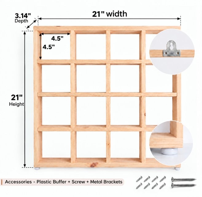 4x4 Pine Wood Mug Rack | 16 Compartment Wall Mounted Coffee Cup Storage & Display Rack-natural-4.5x4.5 Inch Dimensions
