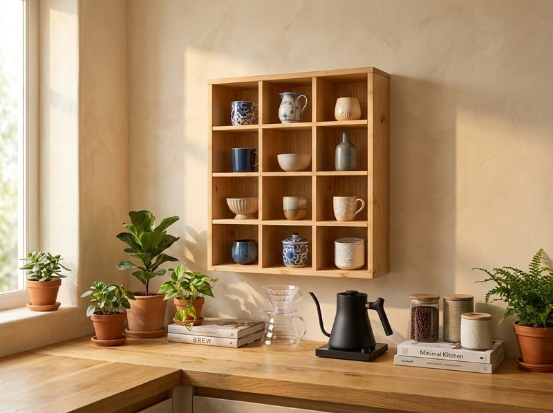Pine Wood Wall Mounted Display Shelf | 12 Compartment Wooden Organizer for Cups, Mugs and Collectibles-natural - Turn Everyday Items Into a Beautiful Display