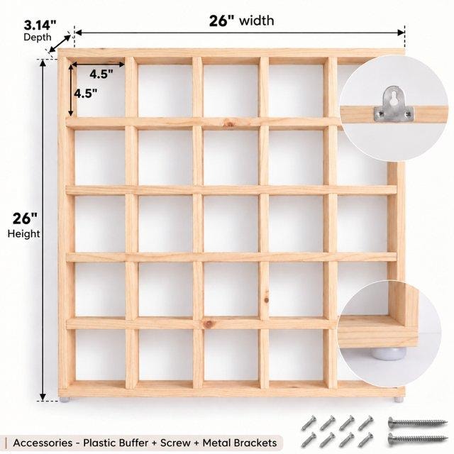 5x5 Pine Wood Mug Rack | 25 Compartment Wall Mounted Coffee Cup Storage & Display Organizer-natural-4.5x4.5 Inch Dimensions