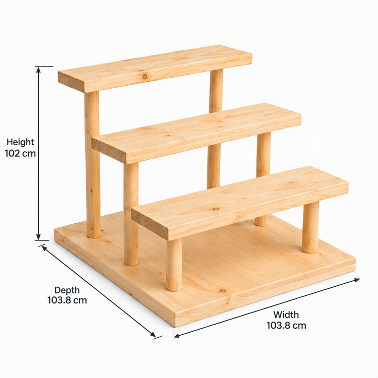 Multi-Tier Wooden Display Stand, Pine Wood Tiered Shelf Riser for Plants, Decor & Retail-natural-3T Dimensions
