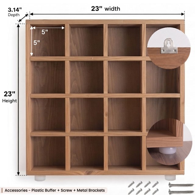 4x4 Pine Wood Mug Holder | 16 Compartment Wall Mounted Coffee Cup Storage Rack | Laminate Back Panel-walnut-5x5 Inch Dimensions