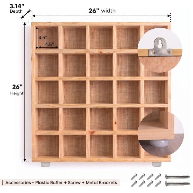 5x5 Pine Wood Mug Rack | 25 Compartment Wall Mounted Coffee Cup Storage Rack | Jute Back Panel-natural-4.5x4.5 Inch Dimensions