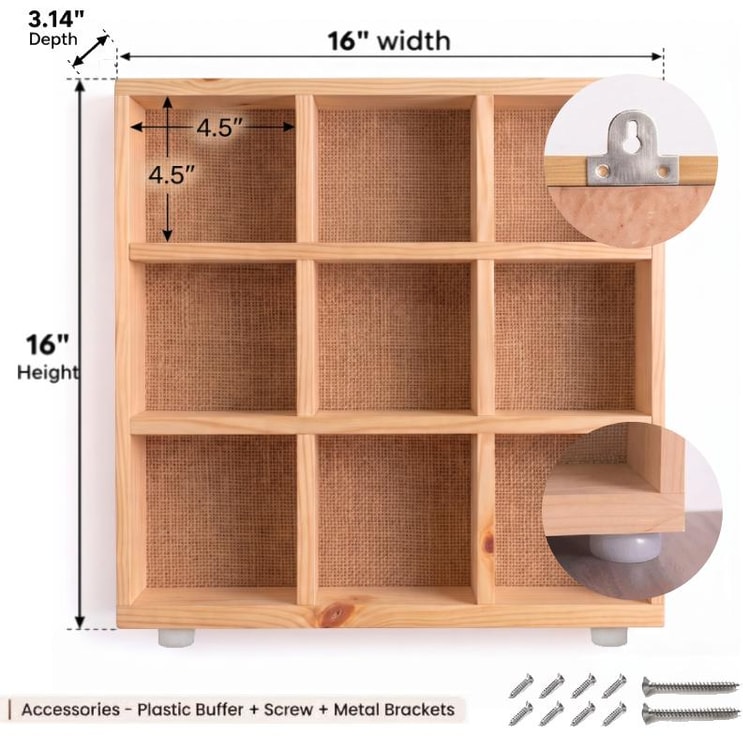 3x3 Pine Wood Mug Rack | 9 Compartment Wall Mounted Coffee Cup Rack | Jute Back Panel-natural-4.5x4.5 Inch Dimensions
