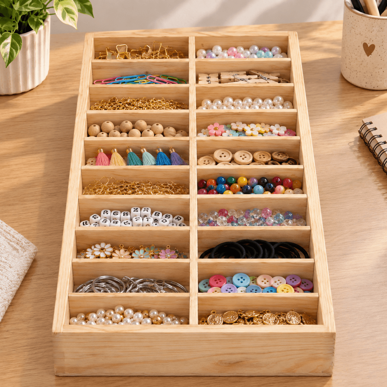 Pine Wood 20-Compartment Jewellery Organizer with Decorative Laminate Back Panel for Jewellery-natural
