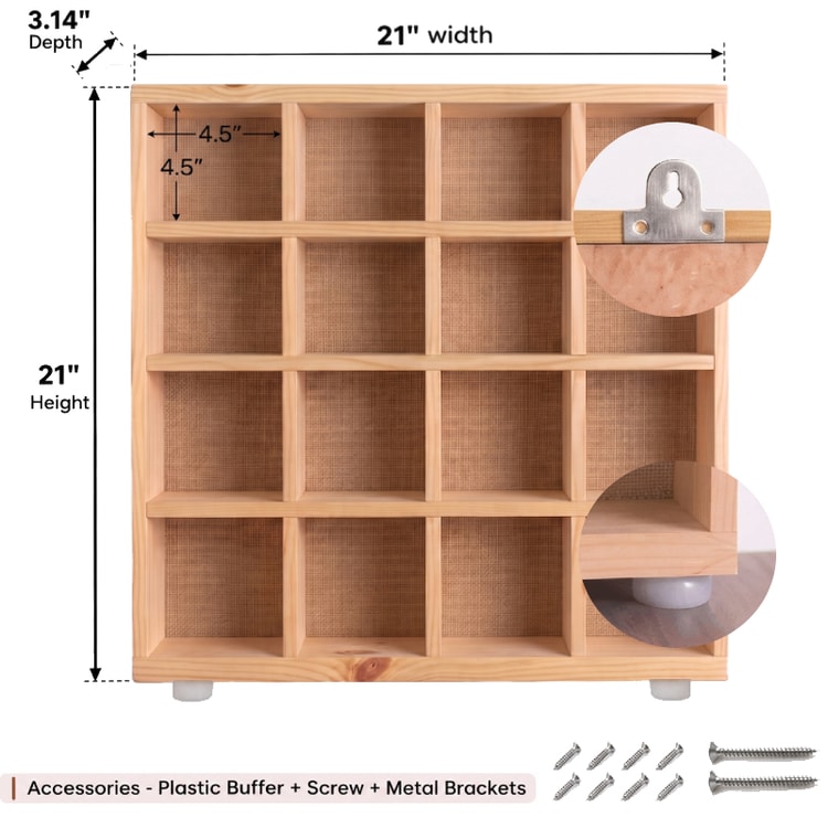 4x4 Pine Wood Mug Rack | 16 Compartment Wall Mounted Coffee Cup Storage Rack | Jute Back Panel-natural-4.5x4.5 Inch Dimensions