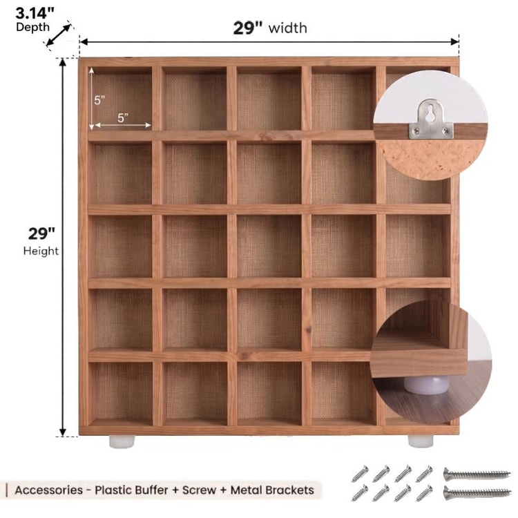 5x5 Pine Wood Mug Rack | 25 Compartment Wall Mounted Coffee Cup Storage Rack | Jute Back Panel-walnut-5x5 Inch Dimensions