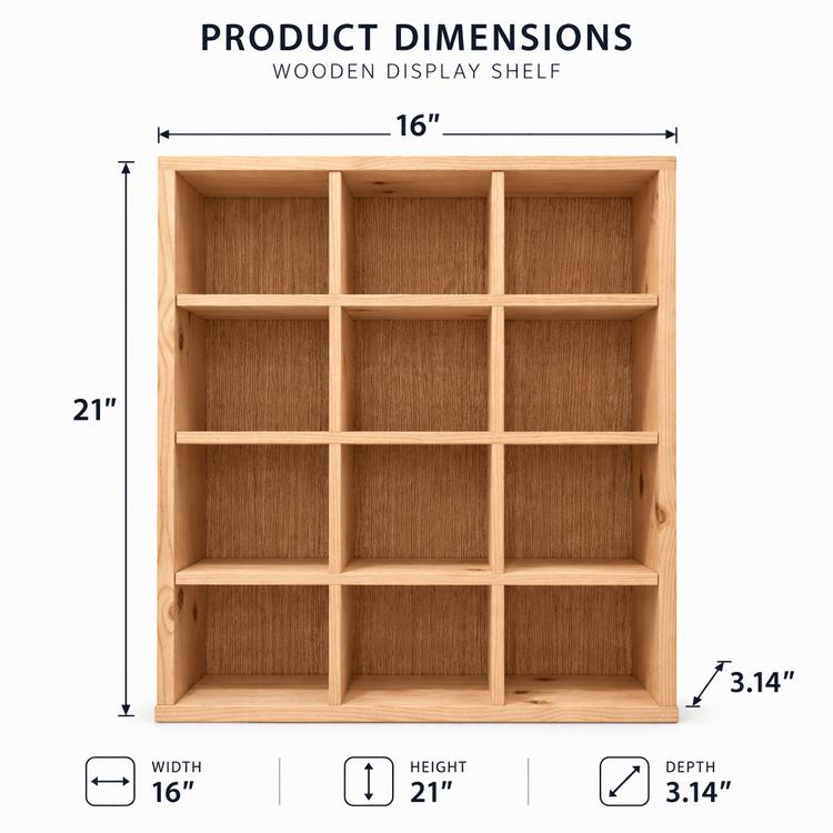 Pine Wood Wall Mounted Display Shelf | 12 Compartment Wooden Organizer for Cups, Mugs and Collectibles-natural Dimensions