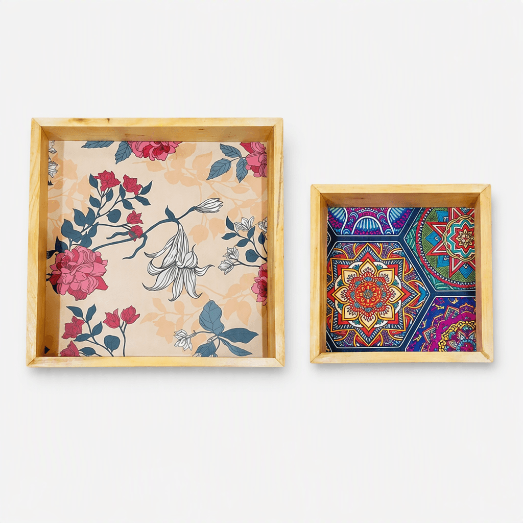 Teal Floral Wooden Serving Tray